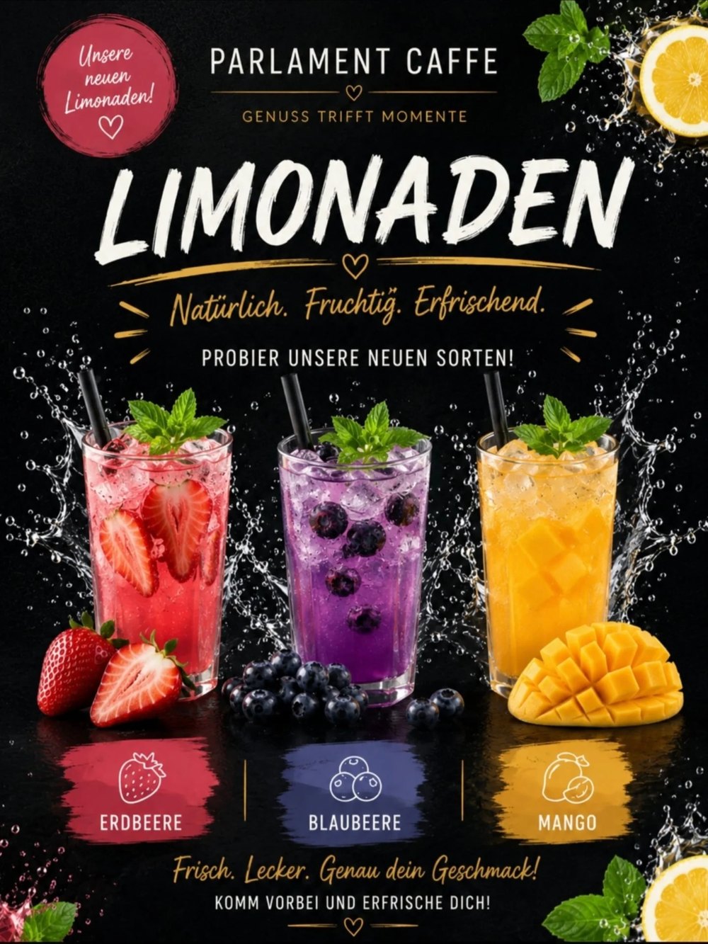 Hausgemachte Limonaden: Erdbeere, Blaubeere, Mango